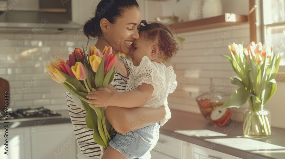 Canvas Prints a young child is giving a bouquet to a smiling woman in a sunny kitchen.