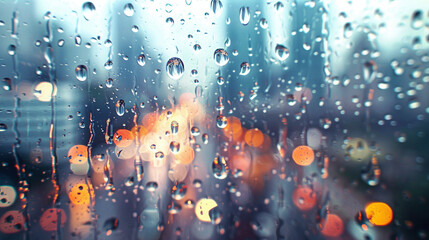 Urban Rain Symphony: Blurred Cityscape Through Raindrops