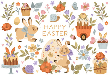 Set of Easter design elements. Rabbits, eggs, Easter cakes, sweets, flowers and branches. Ideal for holiday decorations for spring greeting cards.