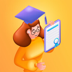 3D Isometric illustration, Cartoon. Young student in graduation cap, holding diploma or certificate. Academic degree and achievements. Vector icons for website