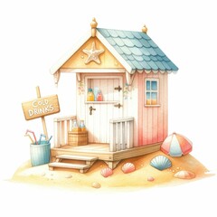 Beach hut selling cold drinks. watercolor illustration, Perfect for nursery art, having summer vacation clipart.