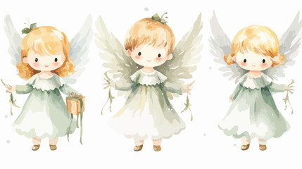 Christmas Baby Angels Watercolor flat vector isolated