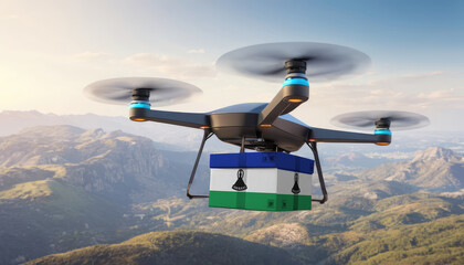 Naklejka na ściany i meble Package cardboard box with flag Lesotho drones fly above sky, business concept and air transportation industry, unmanned aircraft robot to home,and controlled by remote AI