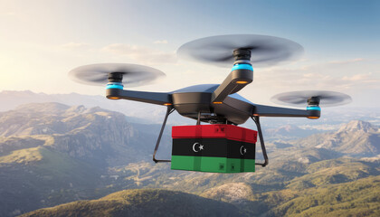 Naklejka na ściany i meble Package cardboard box with flag Libya drones fly above sky, business concept and air transportation industry, unmanned aircraft robot to home,and controlled by remote AI
