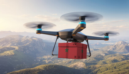 Package cardboard box with flag Morocco drones fly above sky, business concept and air transportation industry, unmanned aircraft robot to home,and controlled by remote AI