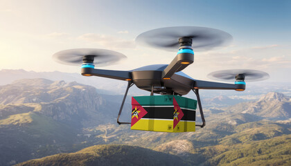 Naklejka na ściany i meble Package cardboard box with flag Mozambique drones fly above sky, business concept and air transportation industry, unmanned aircraft robot to home,and controlled by remote AI