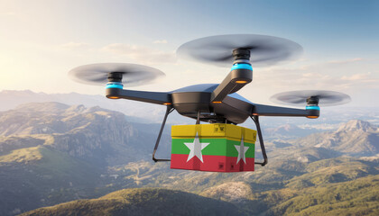 Naklejka na ściany i meble Package cardboard box with flag Myanmar drones fly above sky, business concept and air transportation industry, unmanned aircraft robot to home,and controlled by remote AI