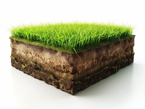 Isolated cross-sectional view of a soil block with vivid green grass on top, illustrating layers and root system.