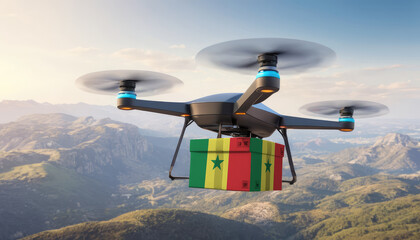 Package cardboard box with flag Senegal drones fly above sky, business concept and air transportation industry, unmanned aircraft robot to home,and controlled by remote AI