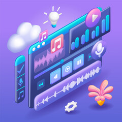 3D Isometric illustration, Cartoon. Music video edit. Display with buttons for cutting video clip, working with audio track, processing content. Vector illustration for modern web design