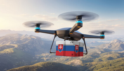 Package cardboard box with flag Slovakia drones fly above sky, business concept and air transportation industry, unmanned aircraft robot to home,and controlled by remote AI