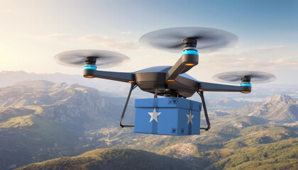 Package cardboard box with flag Somalia drones fly above sky, business concept and air transportation industry, unmanned aircraft robot to home,and controlled by remote AI