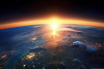 Foto op Canvas Panoramic view of the Earth, sun, star and galaxy. Sunrise over planet Earth, view from space - generative ai © Nia™