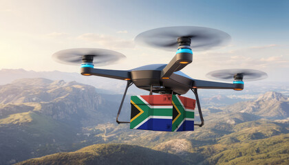 Package cardboard box with flag South Africa drones fly above sky, business concept and air transportation industry, unmanned aircraft robot to home,and controlled by remote AI