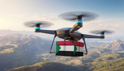 Naklejka na ściany i meble Package cardboard box with flag Sudan drones fly above sky, business concept and air transportation industry, unmanned aircraft robot to home,and controlled by remote AI