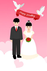 happy wedding greeting card with bride, groom and white dove illustration flat style vector