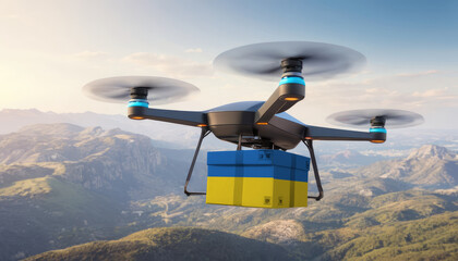 Naklejka na ściany i meble Package cardboard box with flag Ukraine drones fly above sky, business concept and air transportation industry, unmanned aircraft robot to home,and controlled by remote AI