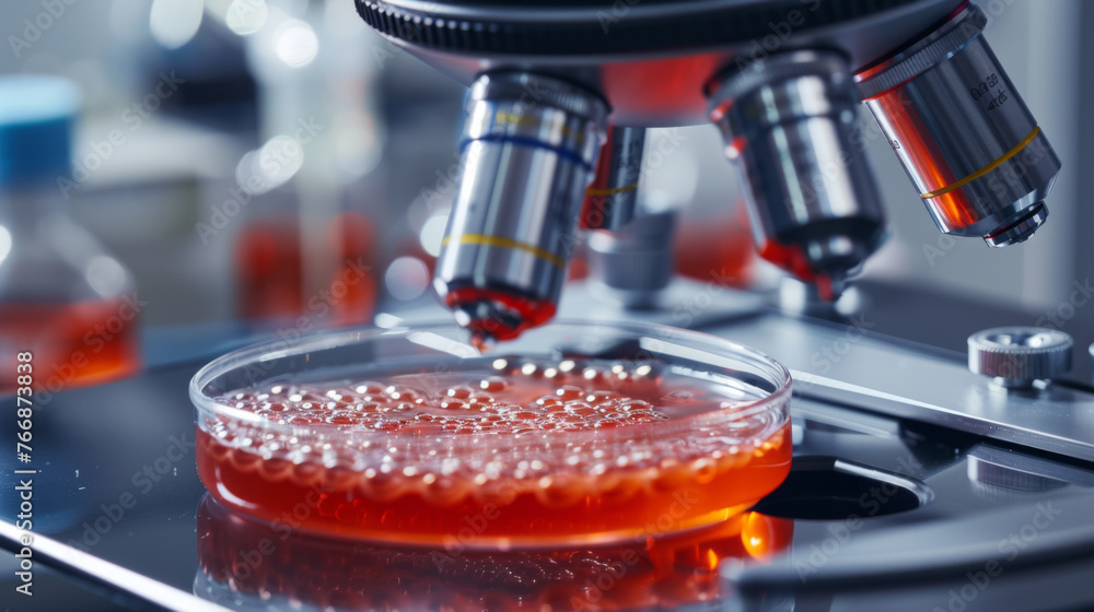 Poster a microscope focuses on samples in a petri dish against a lab backdrop.