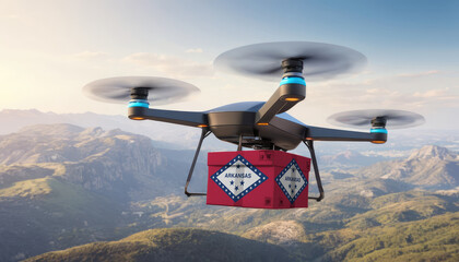 Package cardboard box with flag Arkansas drones fly above sky, business concept and air transportation industry, unmanned aircraft robot to home,and controlled by remote AI