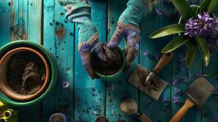 Hands in gardening gloves hold a bulb over soil with gardening tools and flowers on a blue wooden surface.