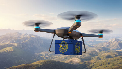 Package cardboard box with flag Nebraska drones fly above sky, business concept and air transportation industry, unmanned aircraft robot to home,and controlled by remote AI