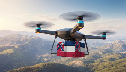 Naklejka na ściany i meble Package cardboard box with flag Mississippi drones fly above sky, business concept and air transportation industry, unmanned aircraft robot to home,and controlled by remote AI