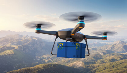 Package cardboard box with flag Nevada drones fly above sky, business concept and air transportation industry, unmanned aircraft robot to home,and controlled by remote AI