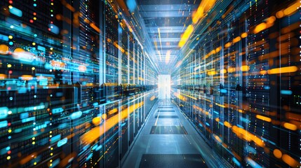 Digital information flow: data servers behind glass panels in server room of data center or internet service provider, technology concept