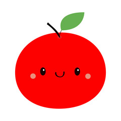 Red apple icon. Green leaf. Cute cartoon kawaii smiling baby character. Funny fruit face. Childish style. Educational card for kids. Flat design. White background. Isolated. Vector illustration - 766874298