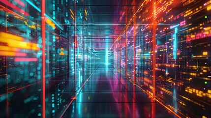 Digital information flow: data servers behind glass panels in server room of data center or internet service provider, technology concept