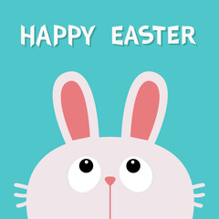 Happy Easter. White rabbit bunny head looking up. Big eyes. Funny face. Cute cartoon kawaii baby character. Forest animal collection. Childish style. Flat design. Blue background. Isolated. Vector - 766874495