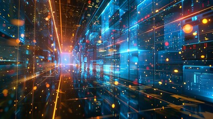 Digital information flow: data servers behind glass panels in server room of data center or internet service provider, technology concept