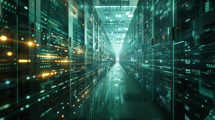 Digital information flow: data servers behind glass panels in server room of data center or internet service provider, technology concept