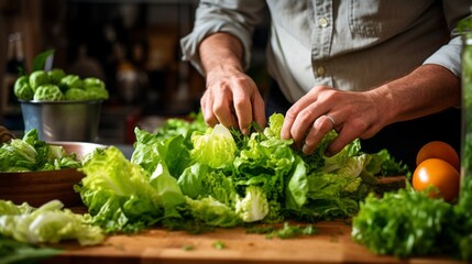 A man is cutting up a bunch of lettuce on a wooden cutting board