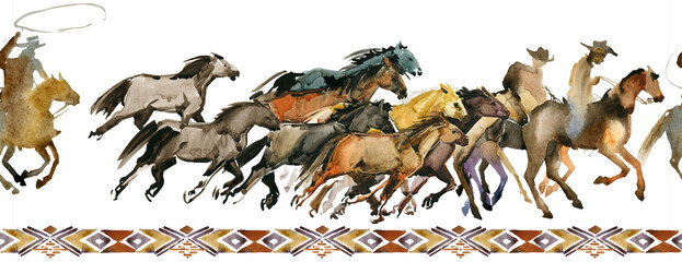 Western seamless background with Cowboys and running wild Horses. Runch equine pattern on white - obrazy, fototapety, plakaty