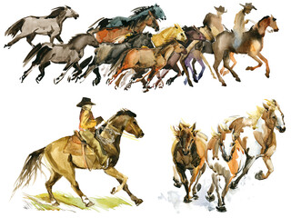 Set of isolat western cowboy, Wild Horses. American rodeo season. Mustang Watercolor illustration - 766874861