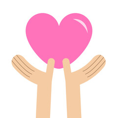 Hands arms holding big pink heart icon shape sign symbol. Greeting card. Love soul gift concept. Happy Valentines day. Close up body part. Flat design. Childish style. White background Isolated Vector - 766874869