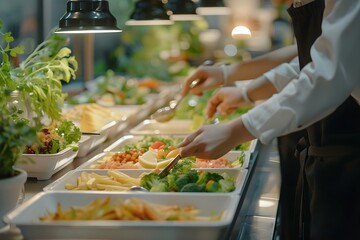 People serving buffet food indoors at a restaurant for a festive event or wedding reception. Concept Indoor Buffet, Festive Setting, Restaurant Event, Wedding Reception, Food Service