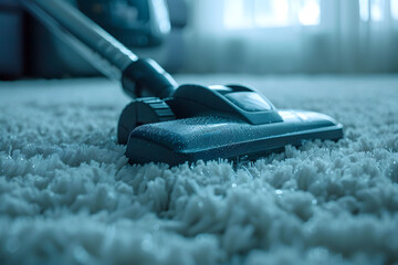 Close-up of a vacuum cleaner being used on a fluffy white carpet in a cozy home setting - obrazy, fototapety, plakaty