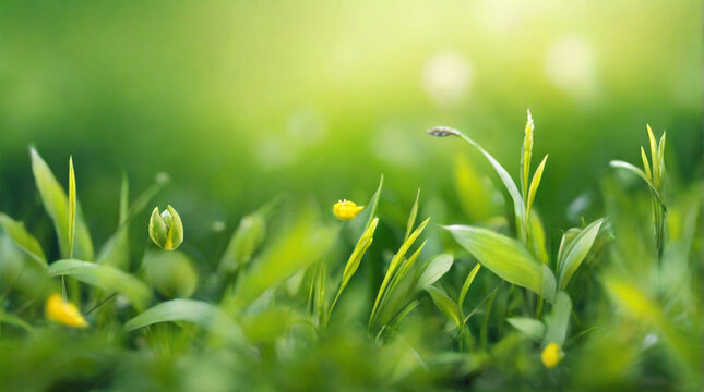 Fresh grass with dew drops, close up. Morning sunlight, spring concept	