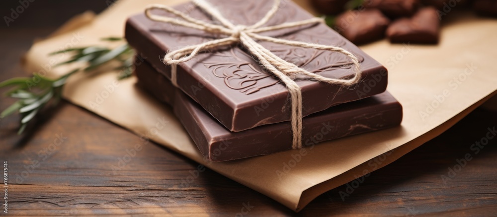 Poster two rectangular bars of chocolate are placed on a wooden cutting board, creating a stack. the hardwo