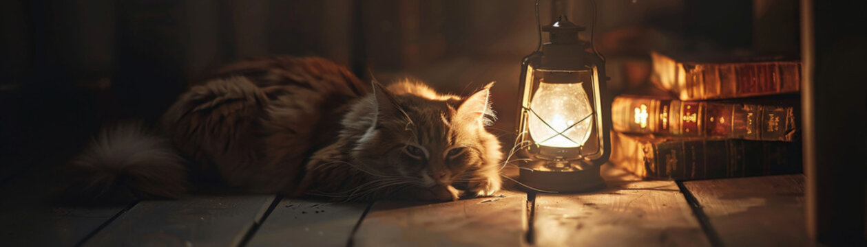 In a dim room a ragdoll cat rests on a glowing lantern