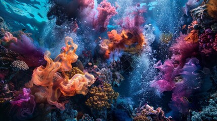 Fototapeta na wymiar Showcase abstract underwater scenes with flowing currents and colorful marine life, creating a surreal backdrop for advertising materials. 