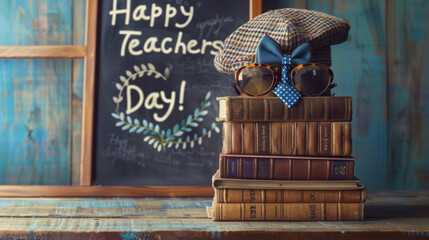 Stacked books with a cap, tie, and glasses on a table in front of a chalkboard with "Happy Teachers Day" written on it.