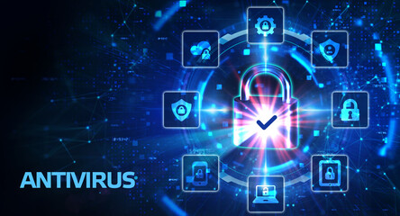 Antivirus Cyber security Data protection Technology concept on virtual screen. 3d illustration