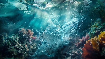 Showcase abstract underwater scenes with flowing currents and colorful marine life, creating a surreal backdrop for advertising materials.  - obrazy, fototapety, plakaty