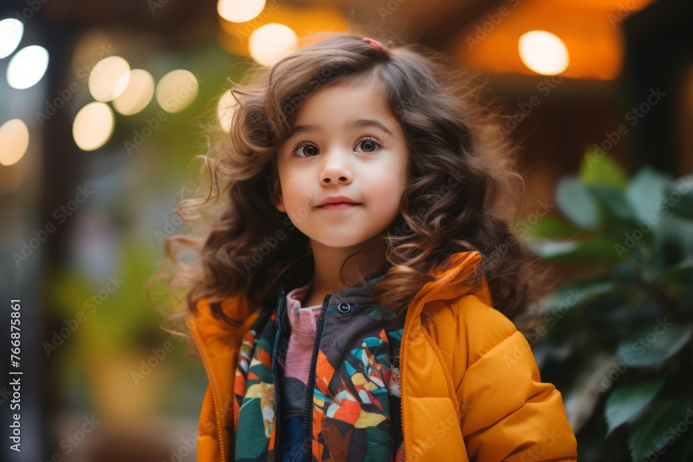 Poster Portrait of cute little girl with curly hair in yellow jacket.