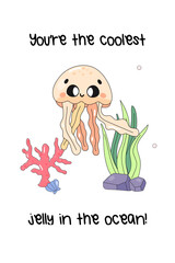 Postcard of friendship, support, with cute sea character,stingray,seahorse,jellyfish. vector illustration