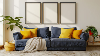 Minimalist blue sofa interior with empty poster frame mockup