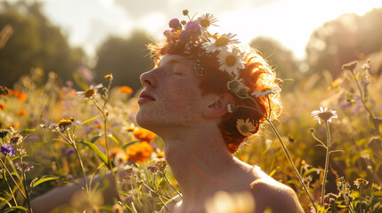 male model wearing a flower crown, surrounded by a field of wildflowers